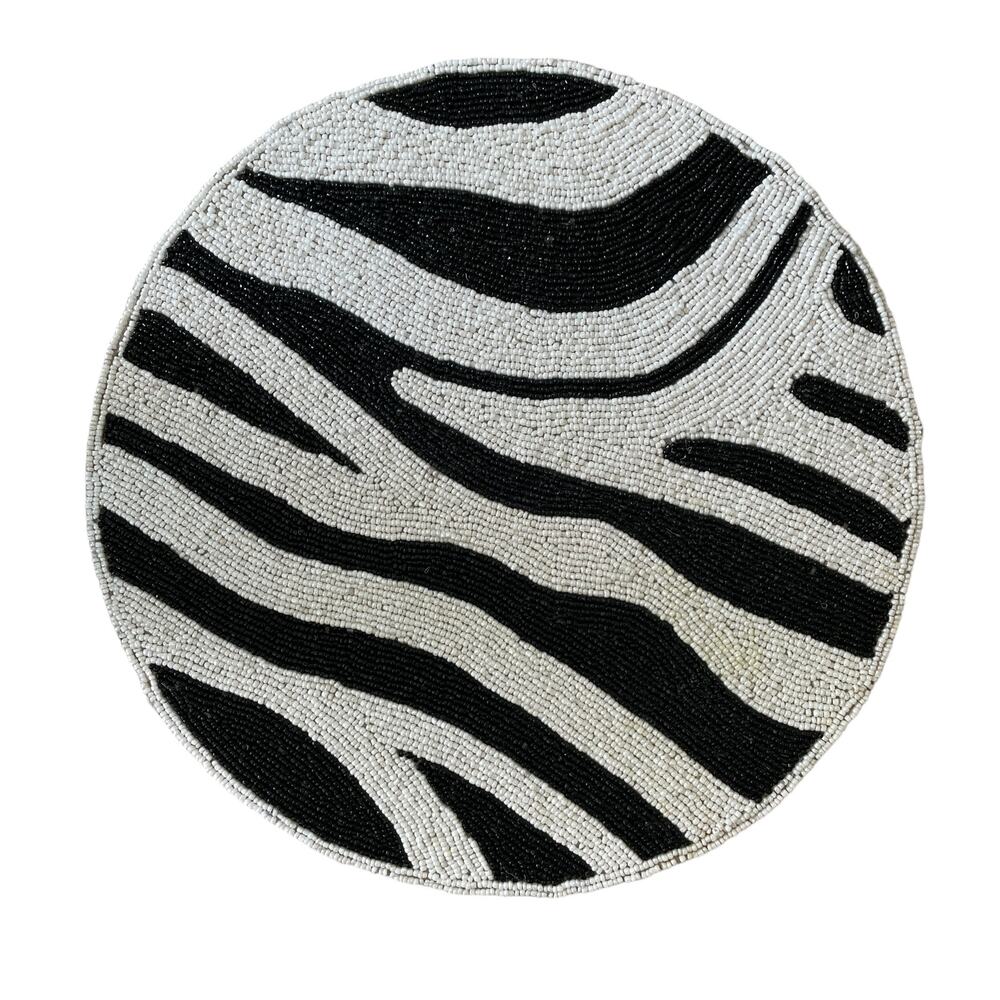 TIRAMISU 15in ZEBRA Handmade Beaded Placemat Charger  Black & Ivory Decor NEW